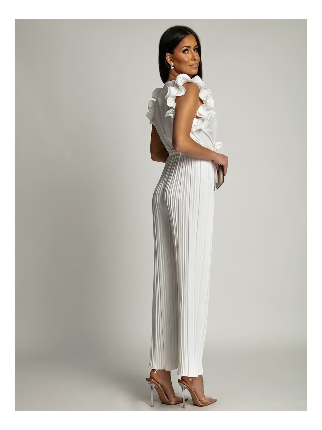 Pleated jumpsuit with ruffles, white AZR1102